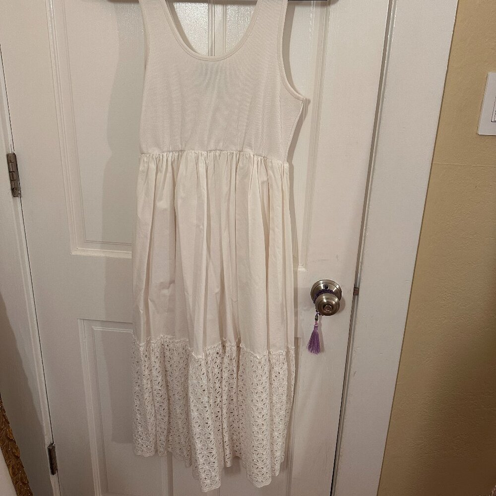 Aqua White Cotton Midi Tunic Dress with Lace – Size Large